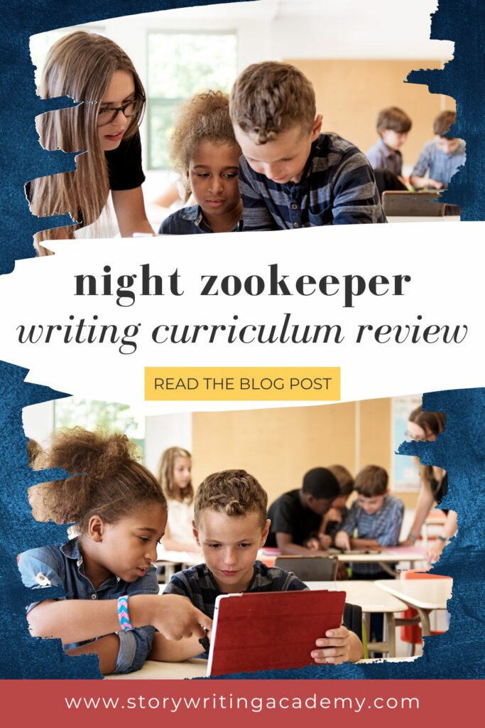 night zookeeper writing curriculum review: kids gather around a tablet