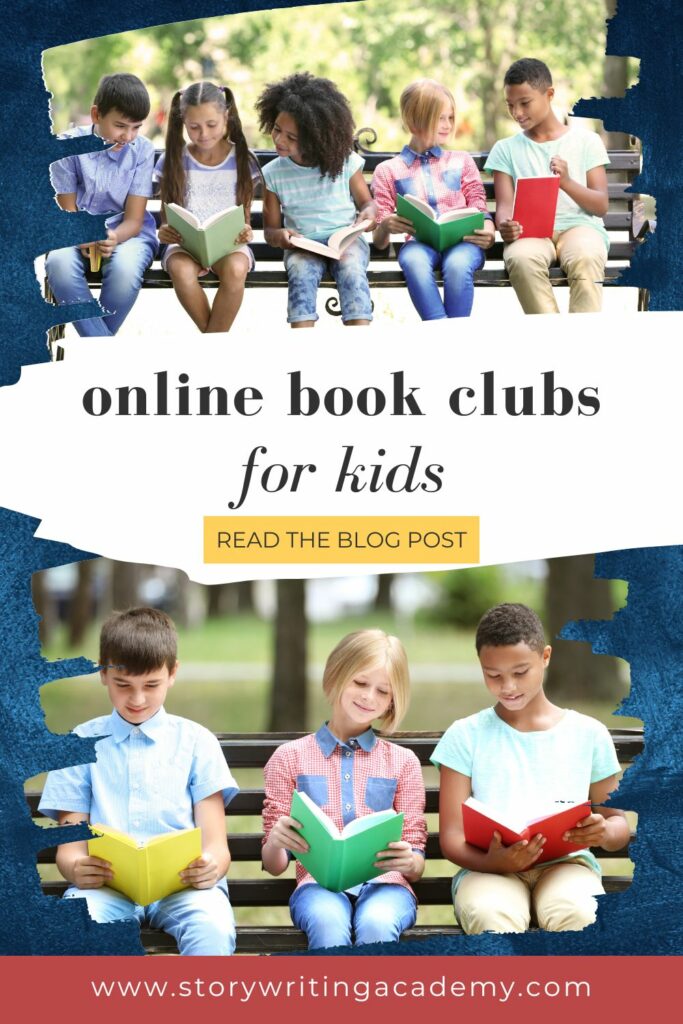 online book clubs for kids: kids sit on a bench reading books