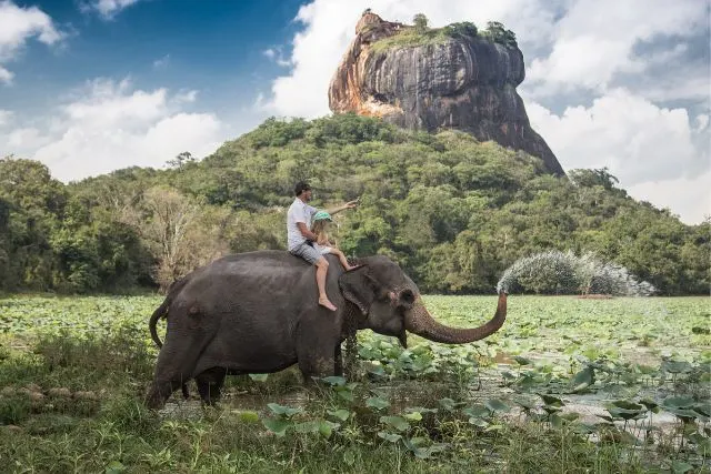 two people ride an elephant through a field