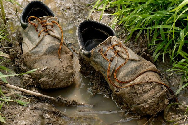 a pair of dirty shoes in the mud