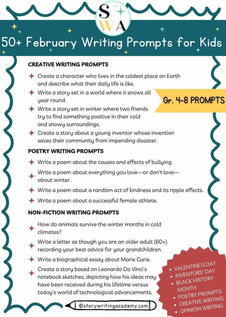 50 February Writing Prompts for Kids in grades 4-8
