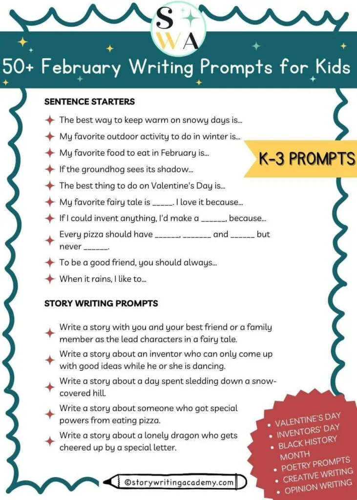 50 February Writing Prompts for Kids (K-3 specific)