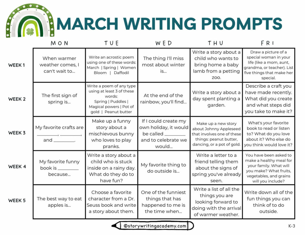 Printable March writing prompts calendar