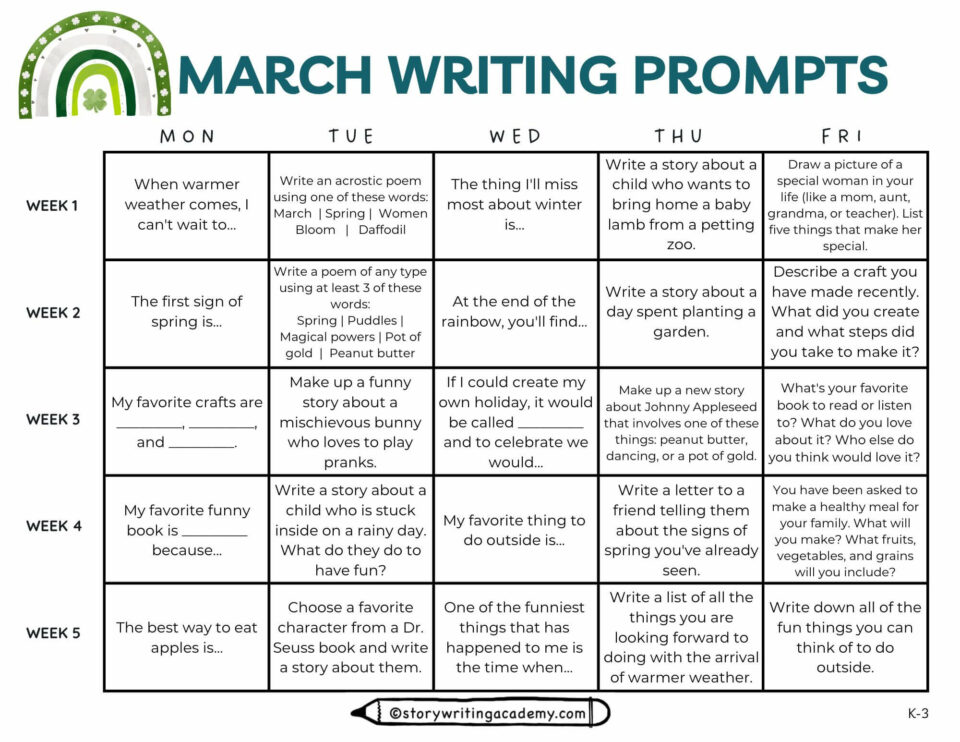 50+ March Writing Prompts for Kids: Free Calendar and Printable