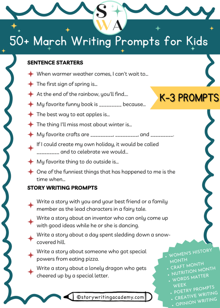 50 March Writing Prompts for Kids (K-3 specific)